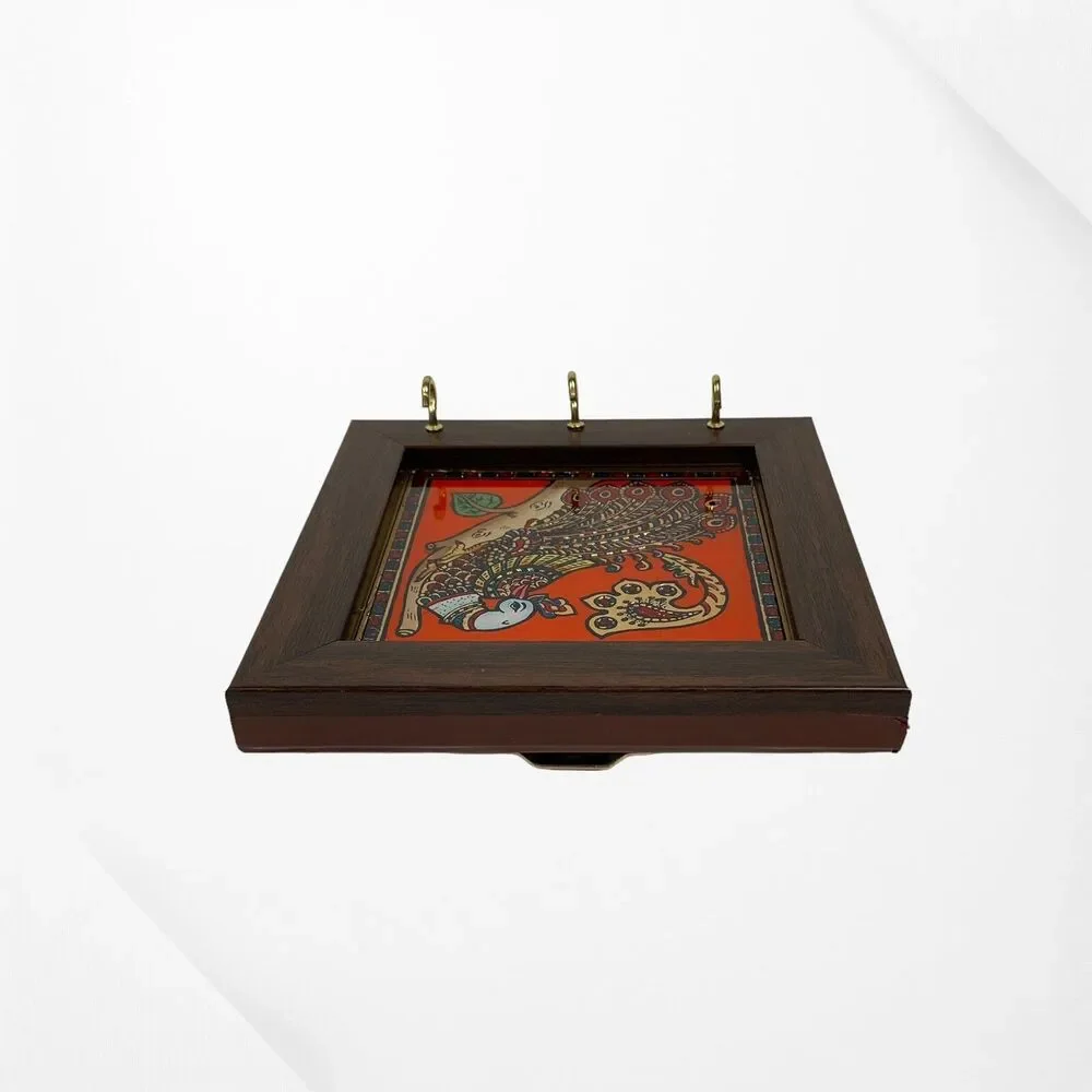 Peacock Glass Painting Art 3 Hook Key Holder Tanjore Style GRT India Bird Small